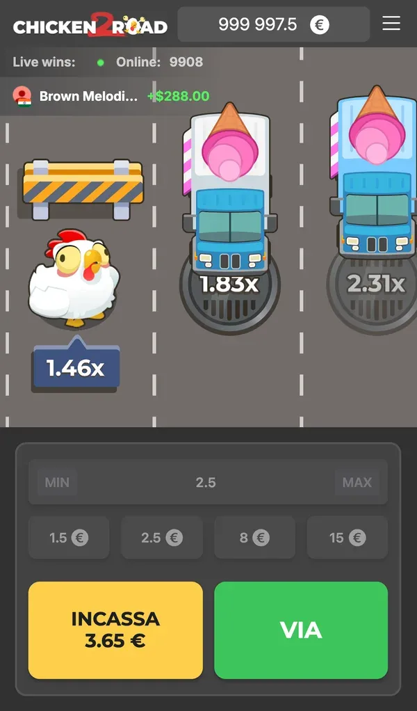 Chicken Road 2 sullo schermo verticale di un telefono: strada in alto, puntata, livello e i pulsanti in basso