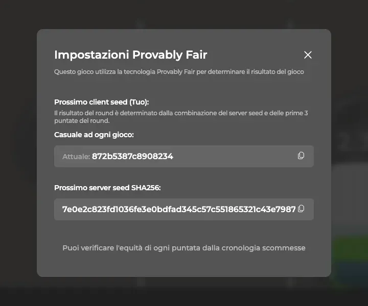 Finestra delle impostazioni provably fair di Chicken Road 2 con i seed della partita