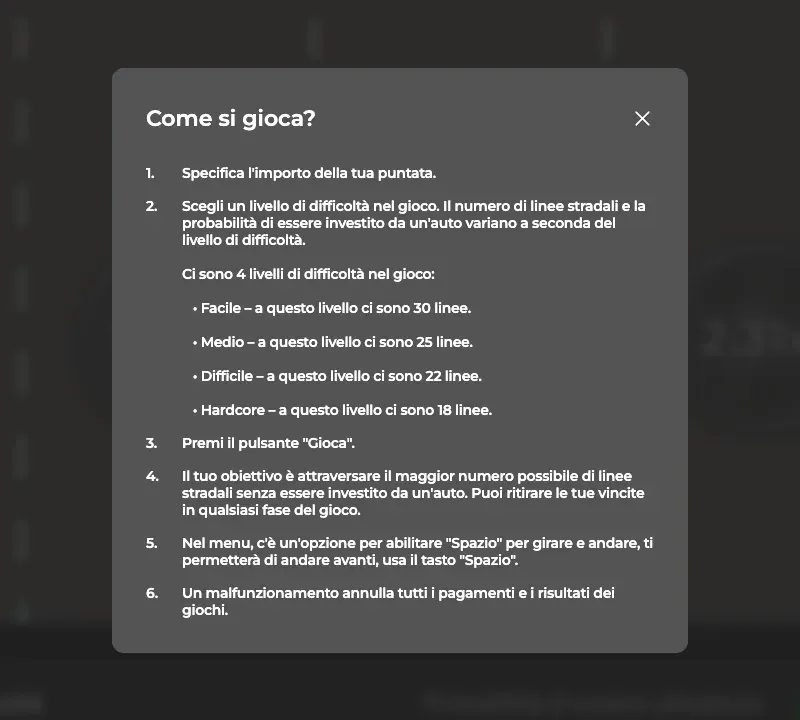La finestra «Come si gioca?» di Chicken Road 2 con le regole ufficiali in italiano