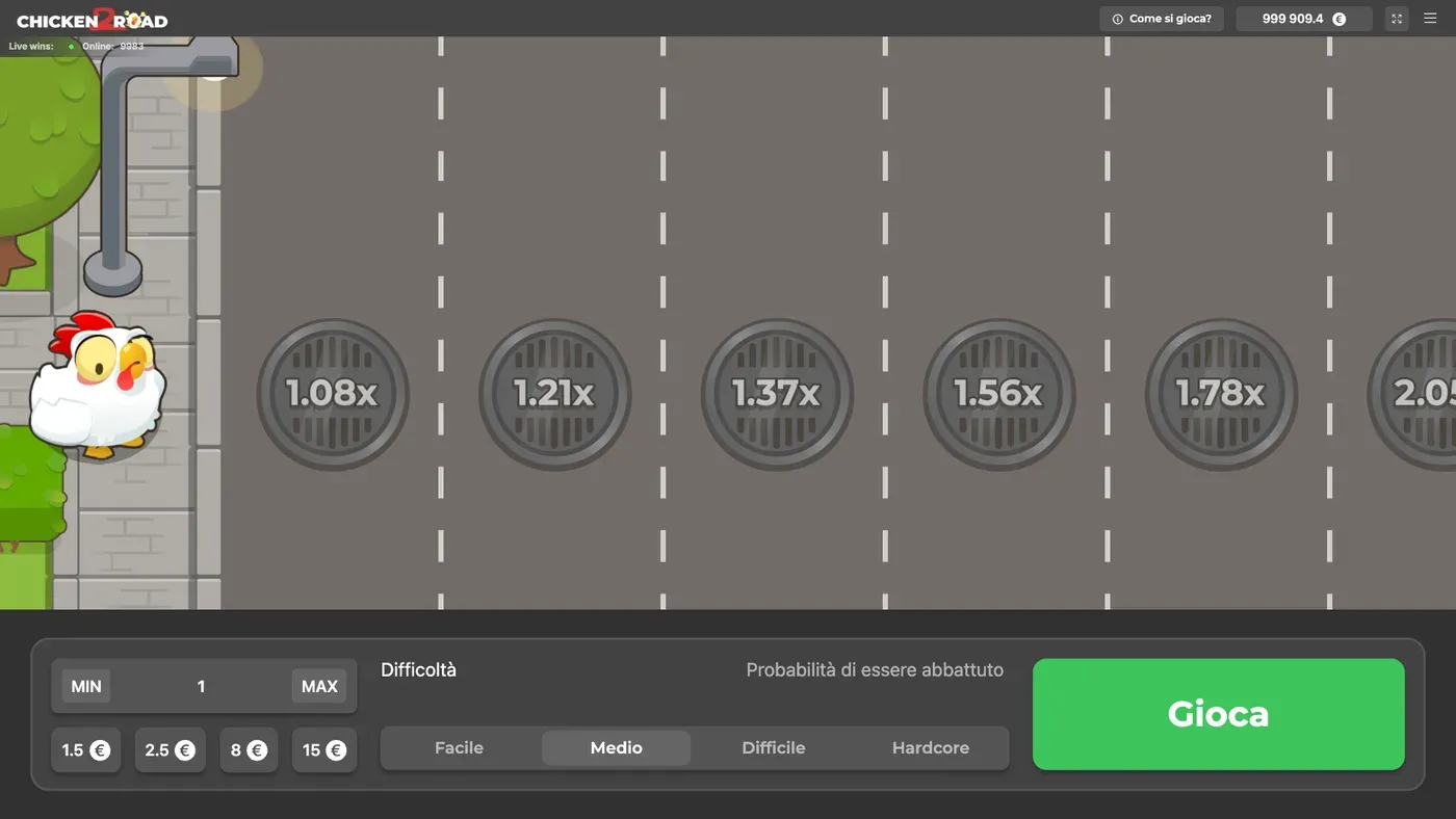 Chicken Road 2 in Medio: la gallina sul marciapiede e i tombini con 1,08x, 1,21x, 1,37x, 1,56x
