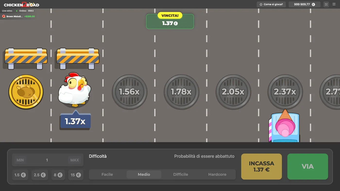 Partita vinta su Chicken Road 2 con il riquadro VINCITA! 1,37x